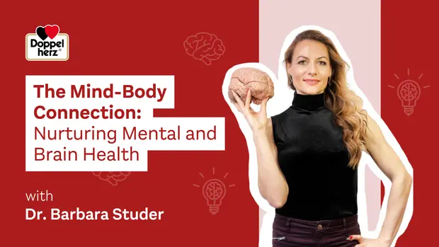 Une femme tenant un modèle de cerveau présente le thème "La connexion corps-esprit : favoriser la santé mentale et cérébrale." L'image mentionne également Dr. Barbara Studer et inclut des éléments graphiques liés au cerveau et à la santé.