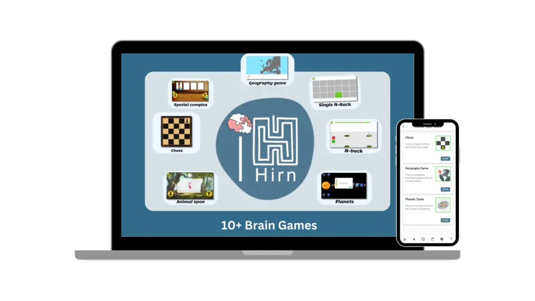 Interface d'un site web présentant des jeux de réflexion. Un ordinateur portable et un téléphone portable affichent le logo "Hirn" et des vignettes de divers jeux, incluant des échecs et des jeux de société. Plus de 10 jeux sont disponibles.