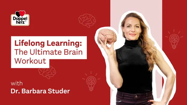 Image montrant une femme tenant un modèle de cerveau, accompagnée du texte "Apprentissage Tout au Long de la Vie : L'Entraînement Ultime pour le Cerveau". Le nom "Dr. Barbara Studer" est également visible. L'arrière-plan est rouge avec des illustrations de cerveaux et d'ampoules.