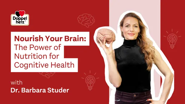 La présentation met en avant l'importance de la nutrition pour la santé cognitive. Un femme tenant un modèle de cerveau et vêtue d'un haut noir, illustre ce thème. Le texte propose des conseils sous le titre « Nourrissez votre cerveau » avec mention de Dr Barbara Studer.