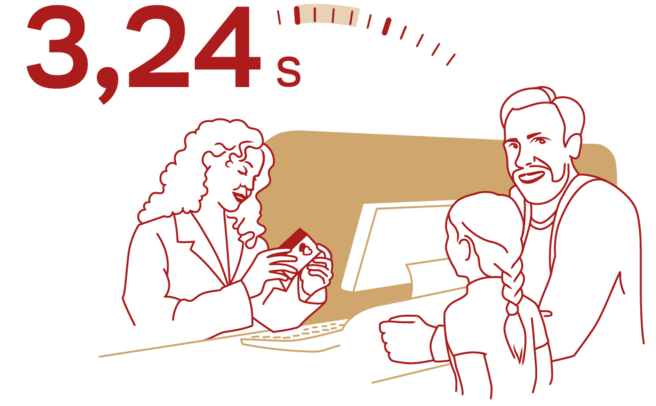 Une femme souriante est derrière un comptoir, parlant à un homme et un enfant. Un chronomètre indique 3,24 secondes en rouge. L'image illustre une interaction rapide et positive.