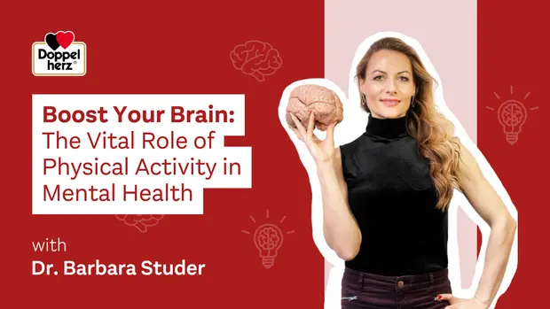 Image montrant Dr. Barbara Studer tenant un modèle de cerveau, symbolisant l'importance de l'activité physique pour la santé mentale. En arrière-plan, des éléments graphiques illustrent le lien entre le corps et l'esprit, soutenus par la marque Doppelherz.